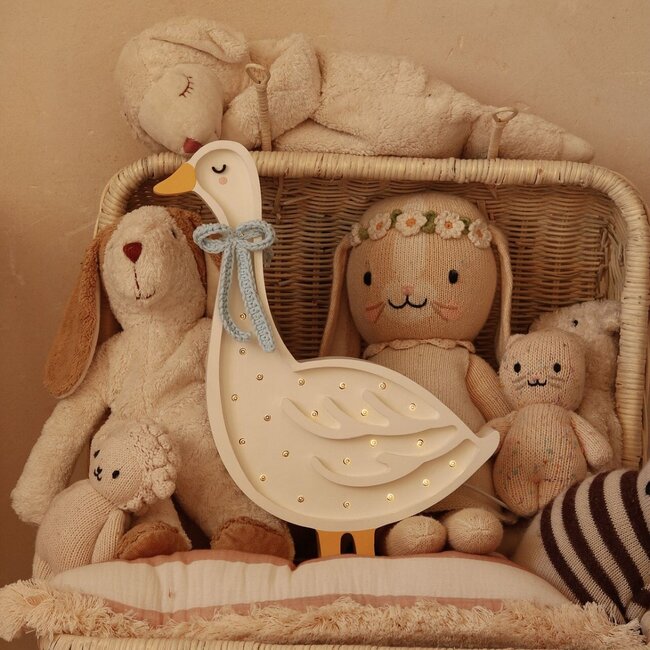 Wooden goose lamp in white with blue bow – cozy, handmade lighting for children’s room or home interior