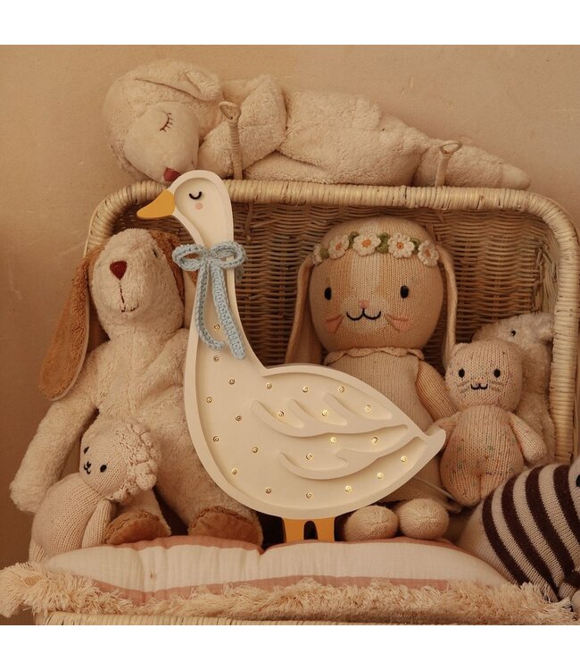 Houten gans lamp in wit met blauw strikje – sfeervolle, handgemaakte verlichting voor kinderkamer of interieur
