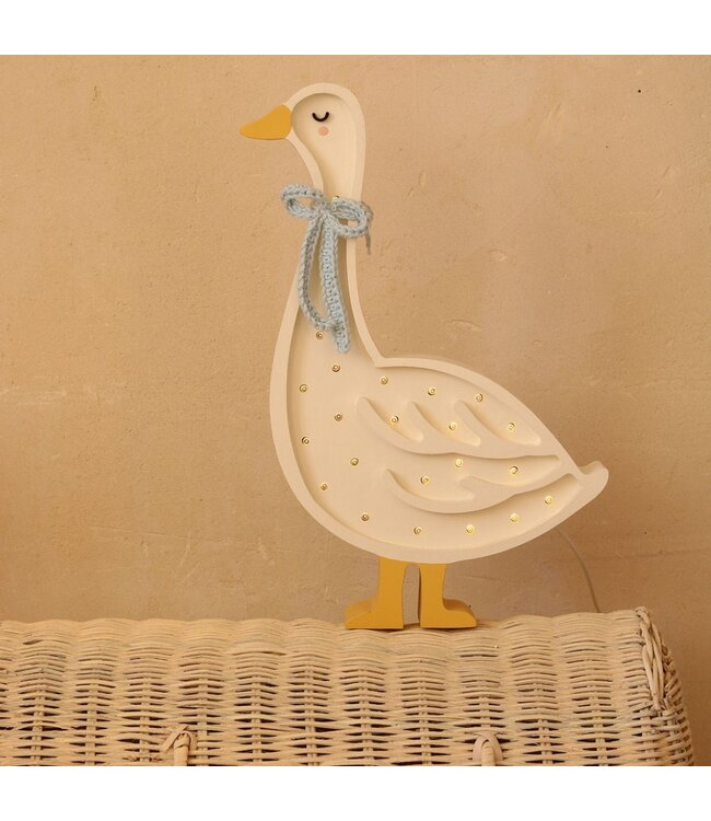 Houten gans lamp in wit met blauw strikje – sfeervolle, handgemaakte verlichting voor kinderkamer of interieur