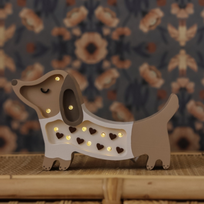 Handmade puppy mini lamp in beige with hearts – Cozy ambient lighting for children’s room or play space