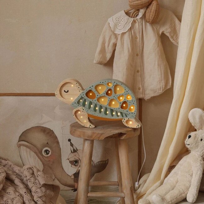 Lampe tortue en bois couleur menthe – éclairage chaleureux et fait main pour chambre d’enfant ou intérieur