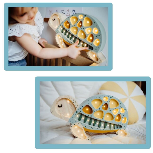 Holz-Schildkrötenlampe in Mint – stimmungsvolle, handgefertigte Beleuchtung für Kinderzimmer oder Wohnbereich