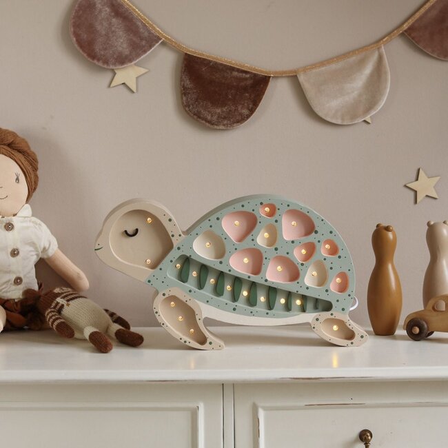 Houten schildpad lamp in mint – sfeervolle, handgemaakte verlichting voor kinderkamer of interieur