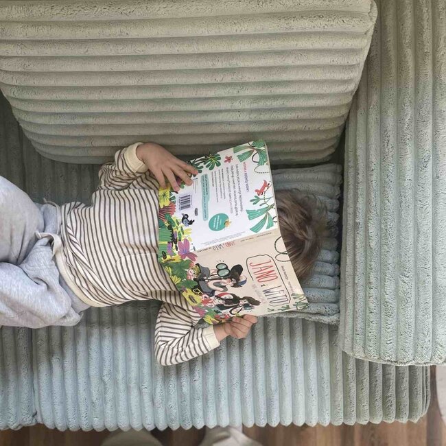 Light mint mini Montessori Waffle play bench in soft corduroy fabric