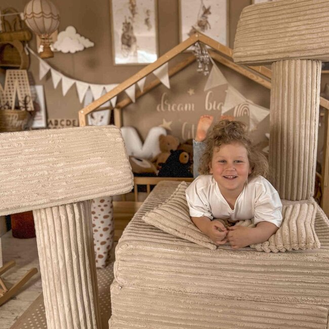 Caramel mini Montessori Waffle play bench in soft corduroy fabric