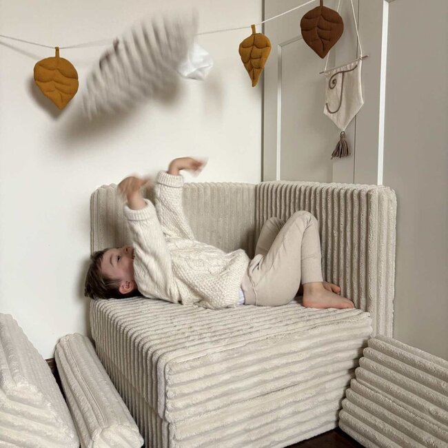 Beige mini Montessori Waffle play bench in soft corduroy fabric