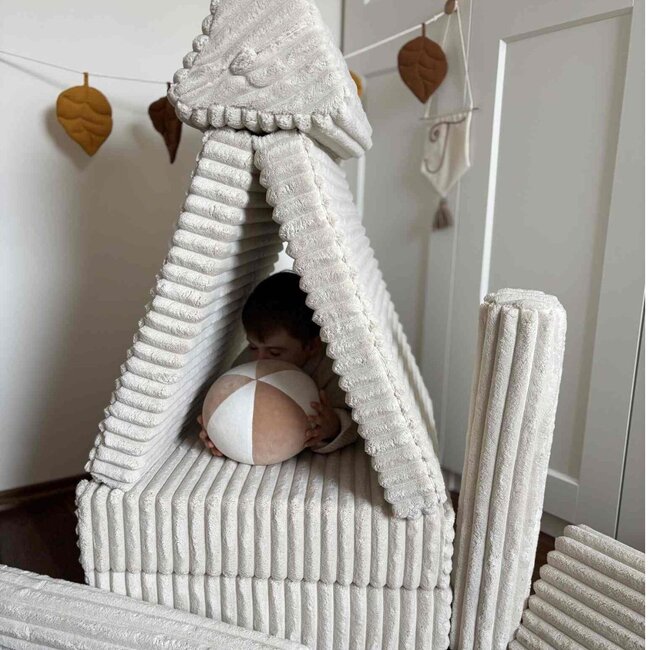 Beige mini Montessori Waffle play bench in soft corduroy fabric