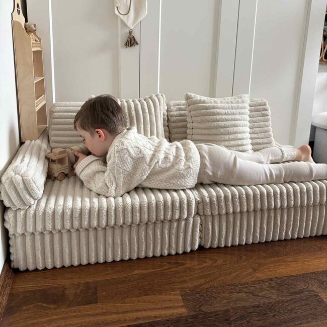 Beigekleurige mini Montessori Waffle-speelbank van zachte corduroy stof