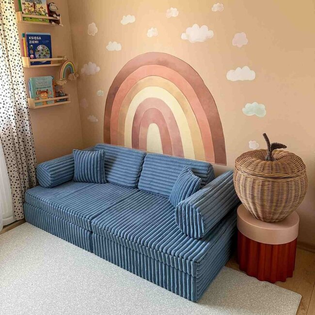 Blue mini Montessori Waffle play bench in soft corduroy fabric