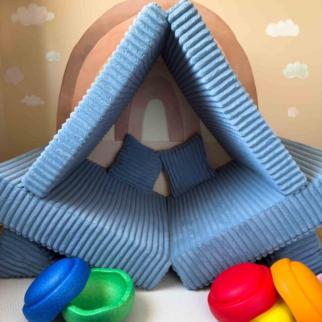 Blue mini Montessori Waffle play bench in soft corduroy fabric