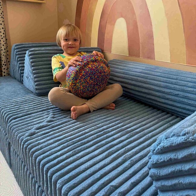 Mini banc de jeu Montessori Waffle bleu en tissu velours côtelé doux