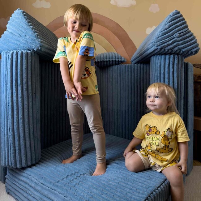 Blue mini Montessori Waffle play bench in soft corduroy fabric