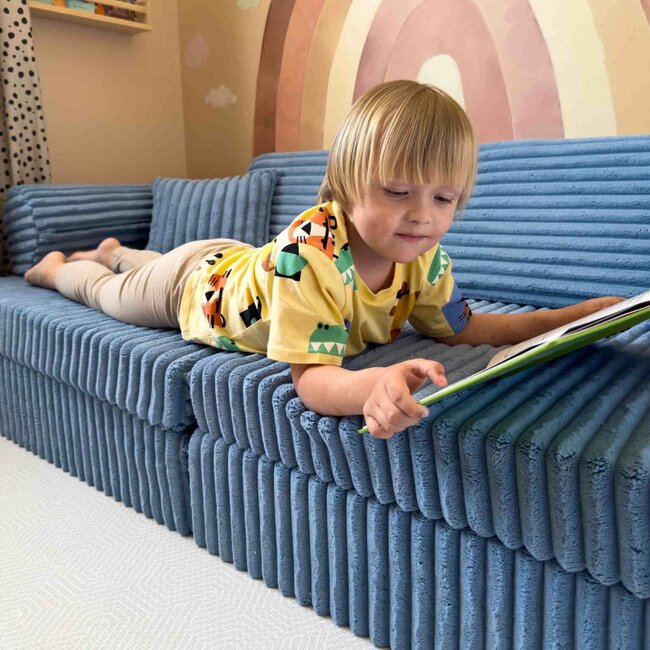 Mini banc de jeu Montessori Waffle bleu en tissu velours côtelé doux