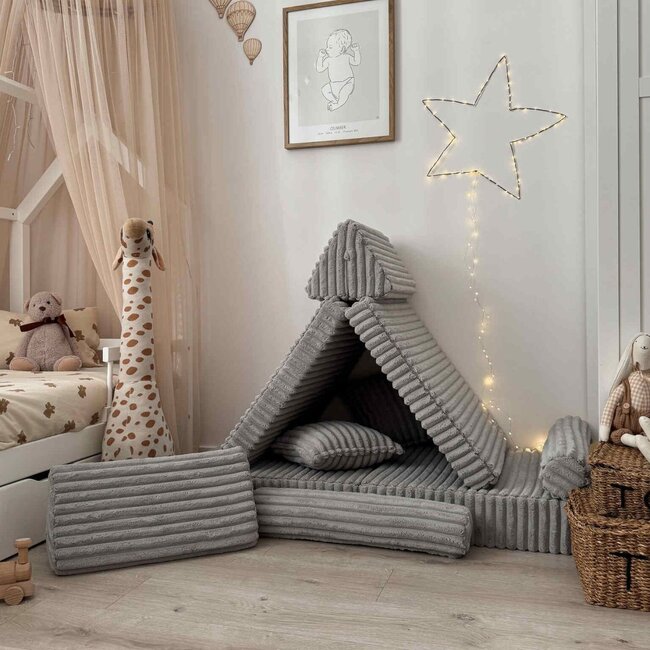 Mini banc de jeu Montessori Waffle gris en tissu velours côtelé doux