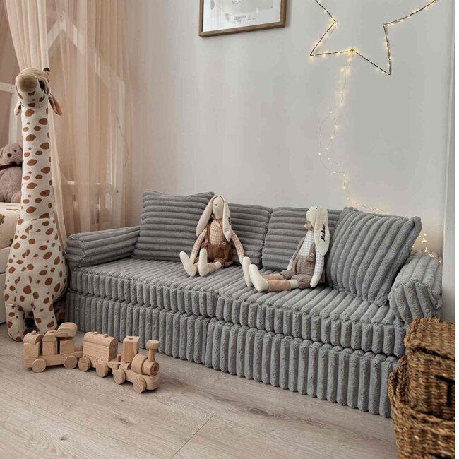 Grey mini Montessori Waffle play bench in soft corduroy fabric