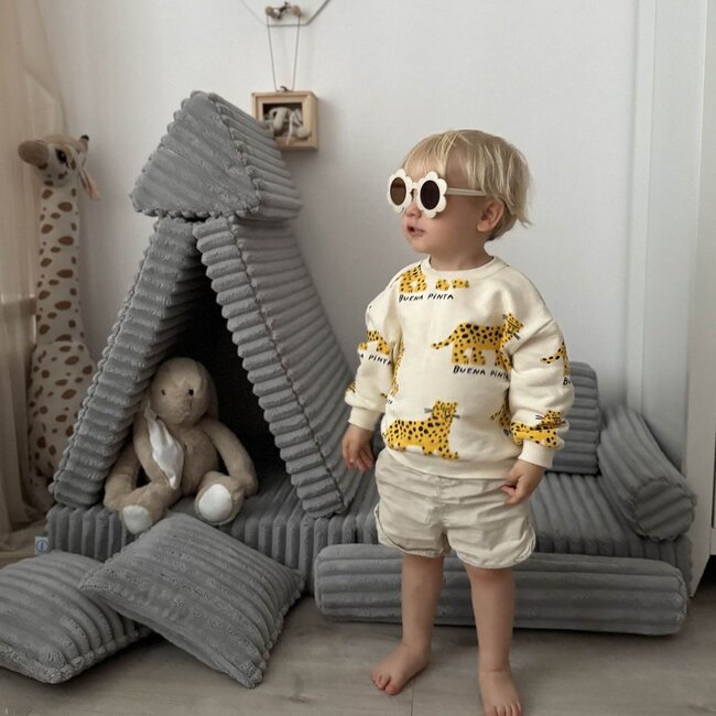 Mini banc de jeu Montessori Waffle gris en tissu velours côtelé doux