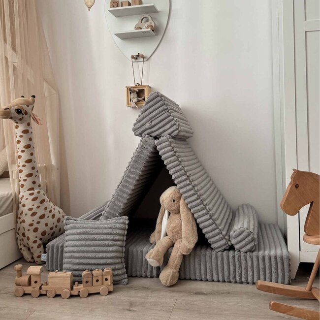 Grijze mini Montessori Waffle-speelbank van zachte corduroy stof