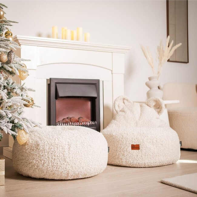 Beige kids bean bag Bear in soft bouclé fabric for comfortable seating