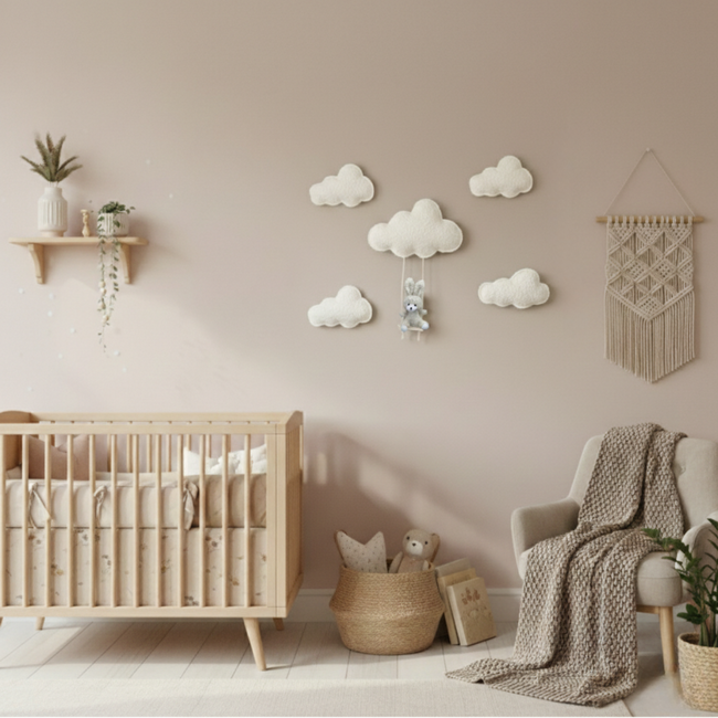 Wolkenset wit met konijntje op schommel voor kinderkamer | 5-delig