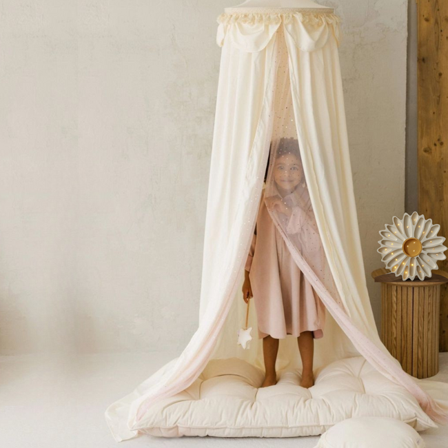 Boho Betthimmel mit Tüll & Quasten | Creme | 245 cm