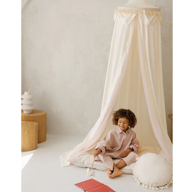 Tenture de lit boho avec tulle & pompons | Crème | 245 cm