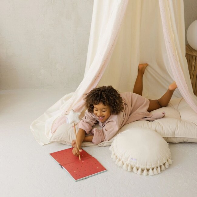 Tenture de lit boho avec tulle & pompons | Crème | 245 cm