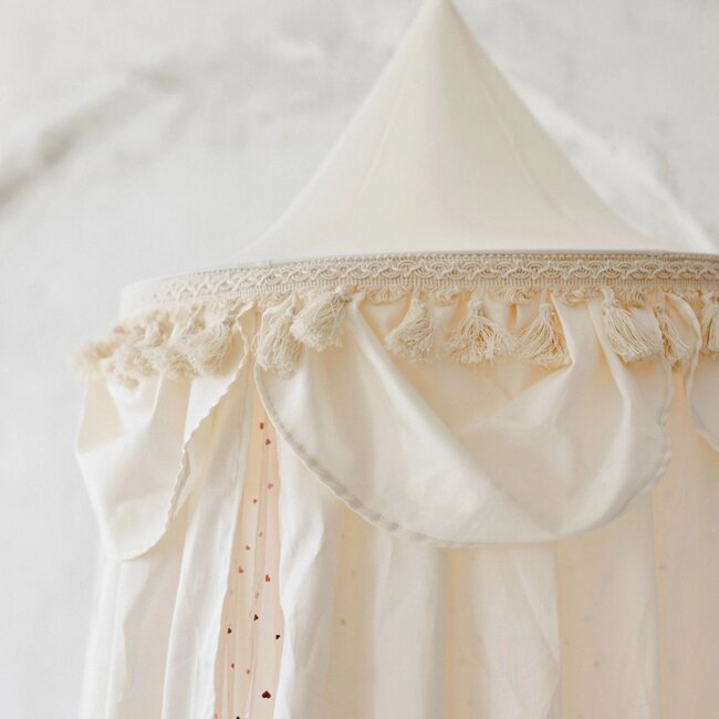 Tenture de lit boho avec tulle & pompons | Crème | 245 cm