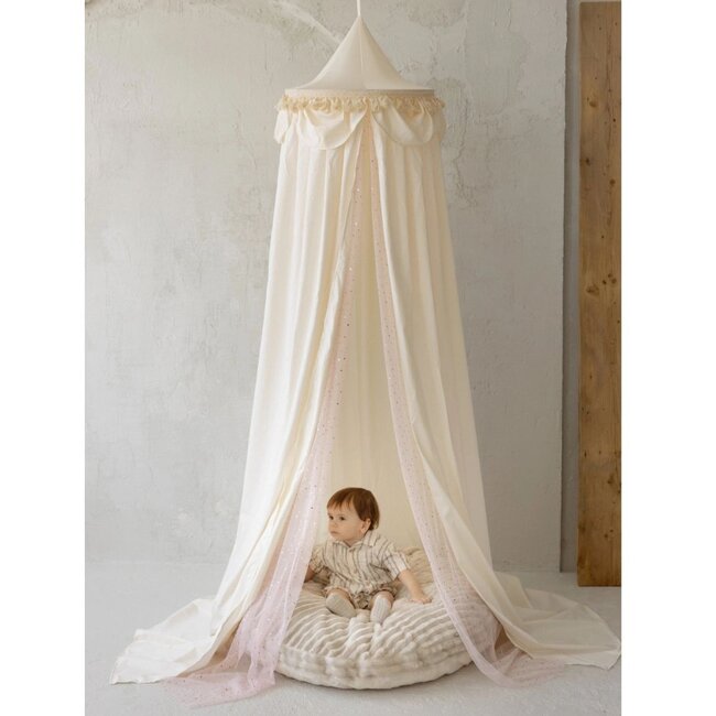 Tenture de lit boho avec tulle & pompons | Crème | 245 cm