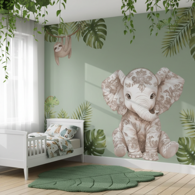 Muursticker Floral – Schattig zittend olifantje voor de kinderkamer
