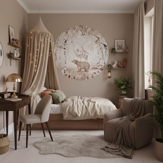 Cercle mural Bear King – Brown avec ours, cerf, renard et lapin dans la forêt