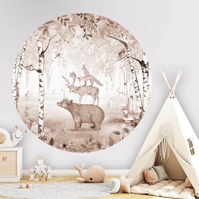 Muurcirkel Bear King – Brown met beer, hert, vos en konijn in het bos