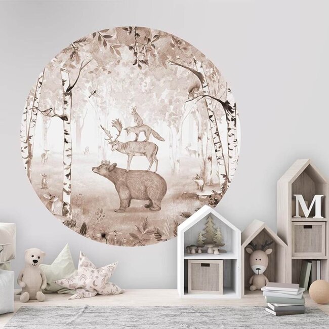 Bear King Wall Circle – Brown with bear, deer, fox and rabbit in the forest