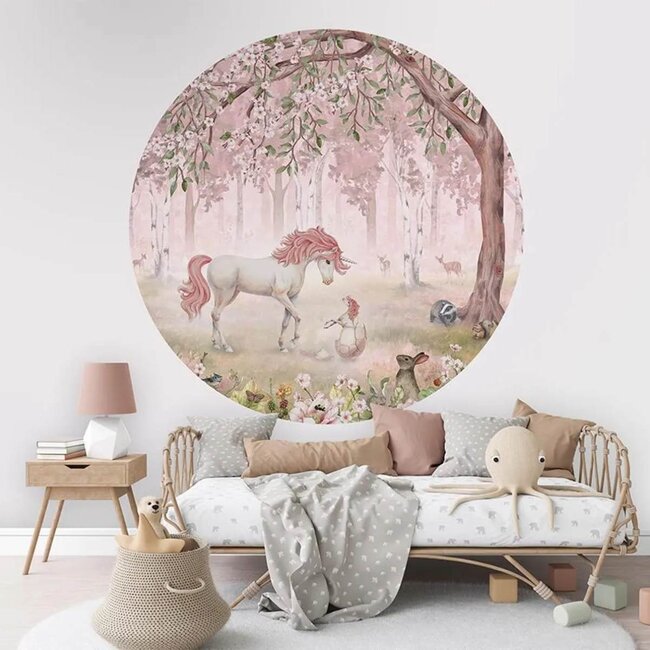 Cercle mural Unicorn Forest – Pink avec licorne dans une forêt rose et onirique