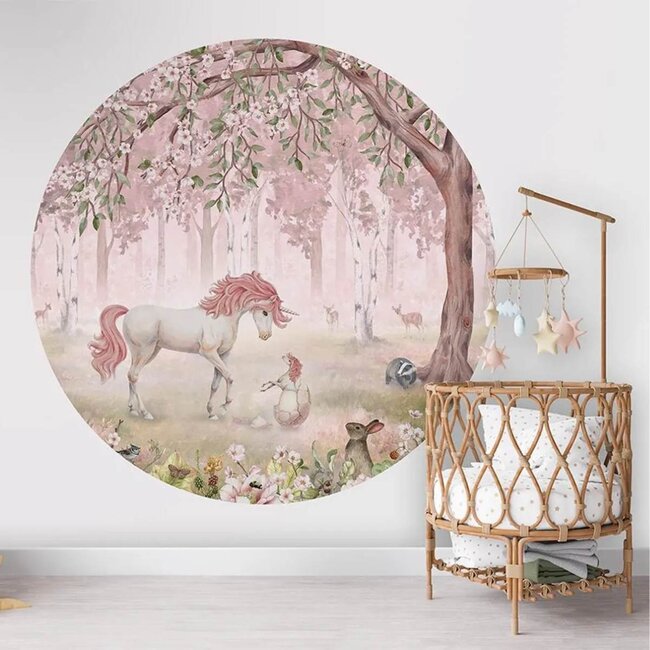 Muurcirkel Unicorn Forest – Pink met eenhoorn in dromerig roze bos