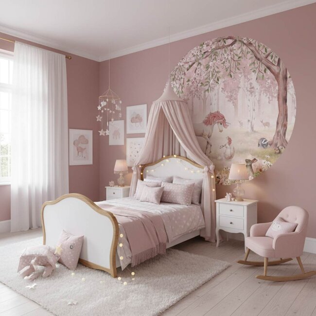 Muurcirkel Unicorn Forest – Pink met eenhoorn in dromerig roze bos