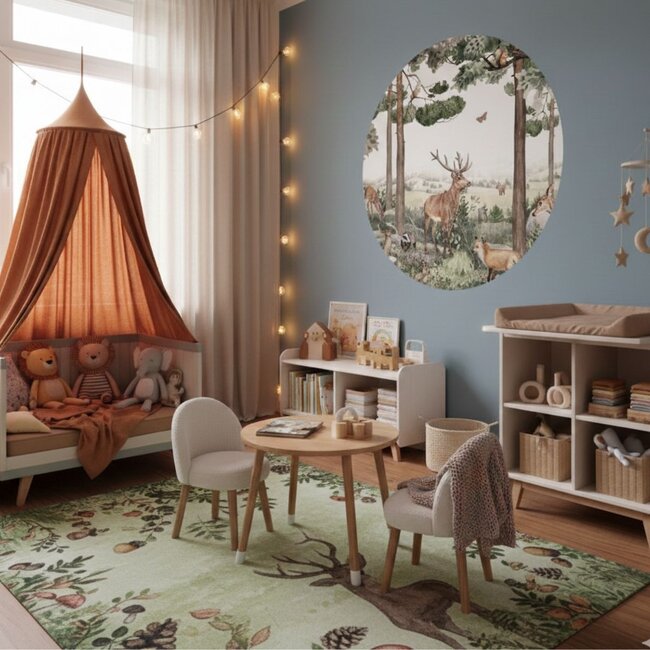 Muurcirkel Forest Jive – bosdecoratie met hert en vos voor kinderkamer