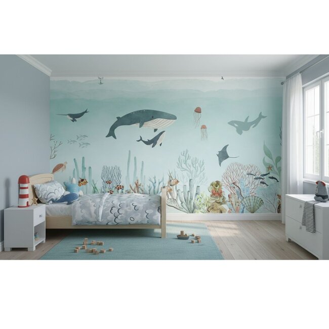 Sensational Sea Vlies-Tapete – bunte Unterwasserwelt mit Delfinen und Walen