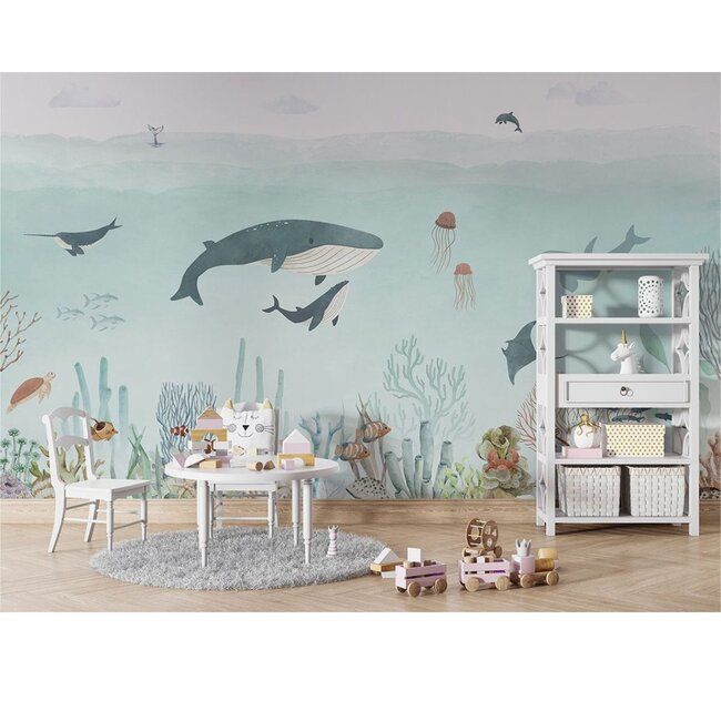 Sensational Sea non-woven wallpaper – colorful underwater world with dolphins and whales