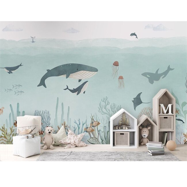 Sensational Sea Vlies-Tapete – bunte Unterwasserwelt mit Delfinen und Walen