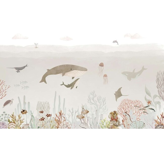 Sensational Sea non-woven wallpaper – warm underwater world in brown tones with dolphins and whales