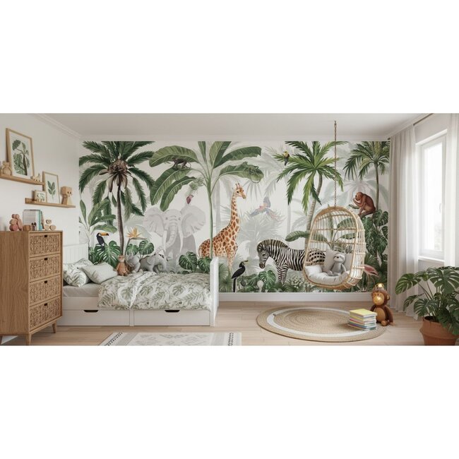 Jungle Jive vliesbehang – kleurrijke jungle met dieren en planten