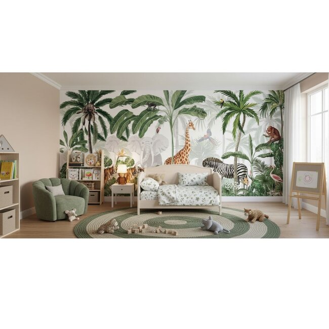 Jungle Jive vliesbehang – kleurrijke jungle met dieren en planten
