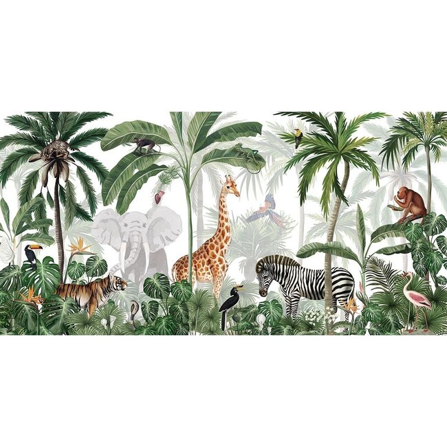 Jungle Jive vliesbehang – kleurrijke jungle met dieren en planten