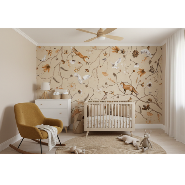 Papier peint intissé Playful Forest beige pour chambre bébé et enfant