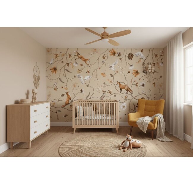 Playful Forest vliesbehang beige voor babykamer en kinderkamer