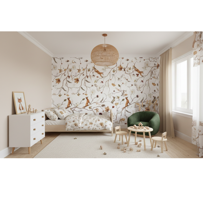 Papier peint photo Playful Forest blanc – motif forêt apaisant pour chambre bébé et enfant
