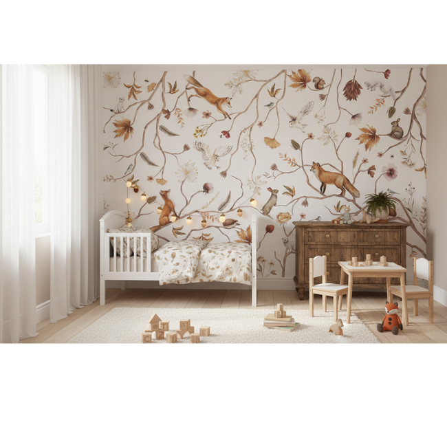 Papier peint photo Playful Forest blanc – motif forêt apaisant pour chambre bébé et enfant