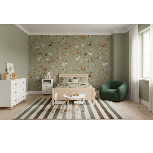 Papier peint photo Playful Forest vert – motif forêt apaisant pour chambre bébé et enfant