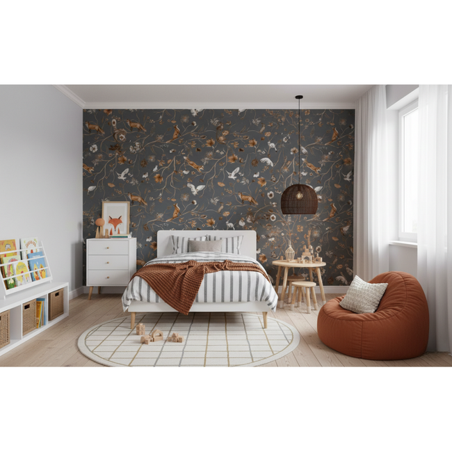 Fototapete Playful Forest Blau – ruhiges Waldmotiv für Baby- und Kinderzimmer