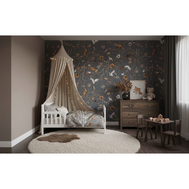 Fototapete Playful Forest Blau – ruhiges Waldmotiv für Baby- und Kinderzimmer
